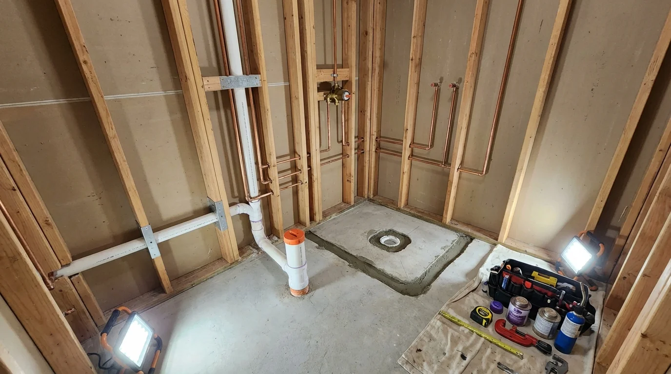 Bathroom rough-in plumbing during remodel by Johns Plumbing LLC in Churchville