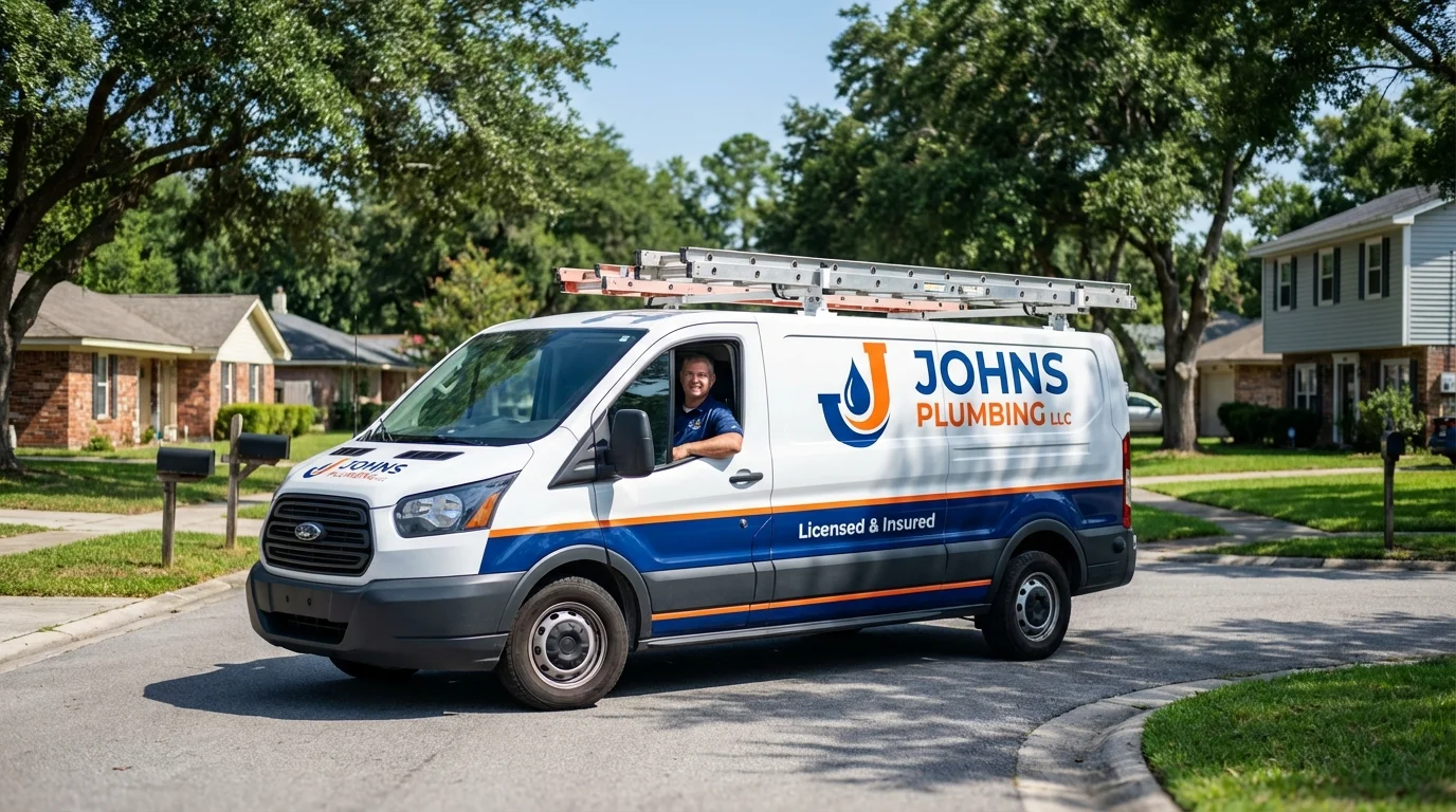 Johns Plumbing LLC service van in Churchville, NY