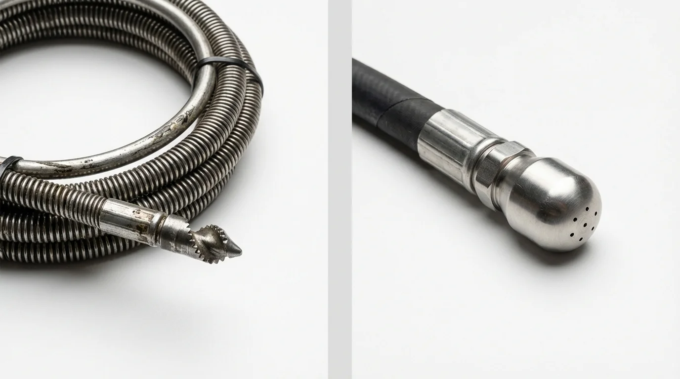Drain snake cable and hydro jetting nozzle used for drain cleaning in Churchville, NY