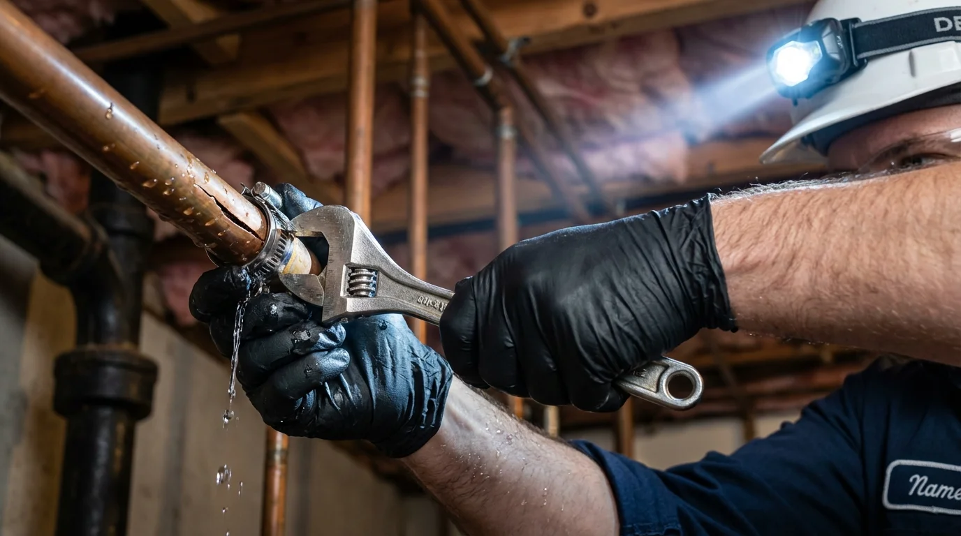 Emergency pipe clamp repair being performed by a Johns Plumbing LLC plumber in Churchville