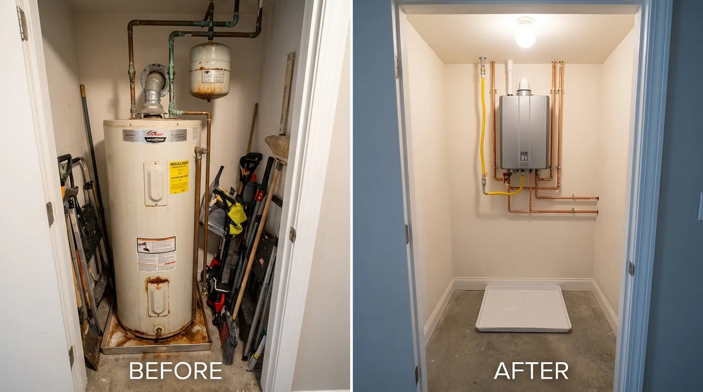 Tank water heater versus wall-mounted tankless unit comparison for Churchville, NY homeowners