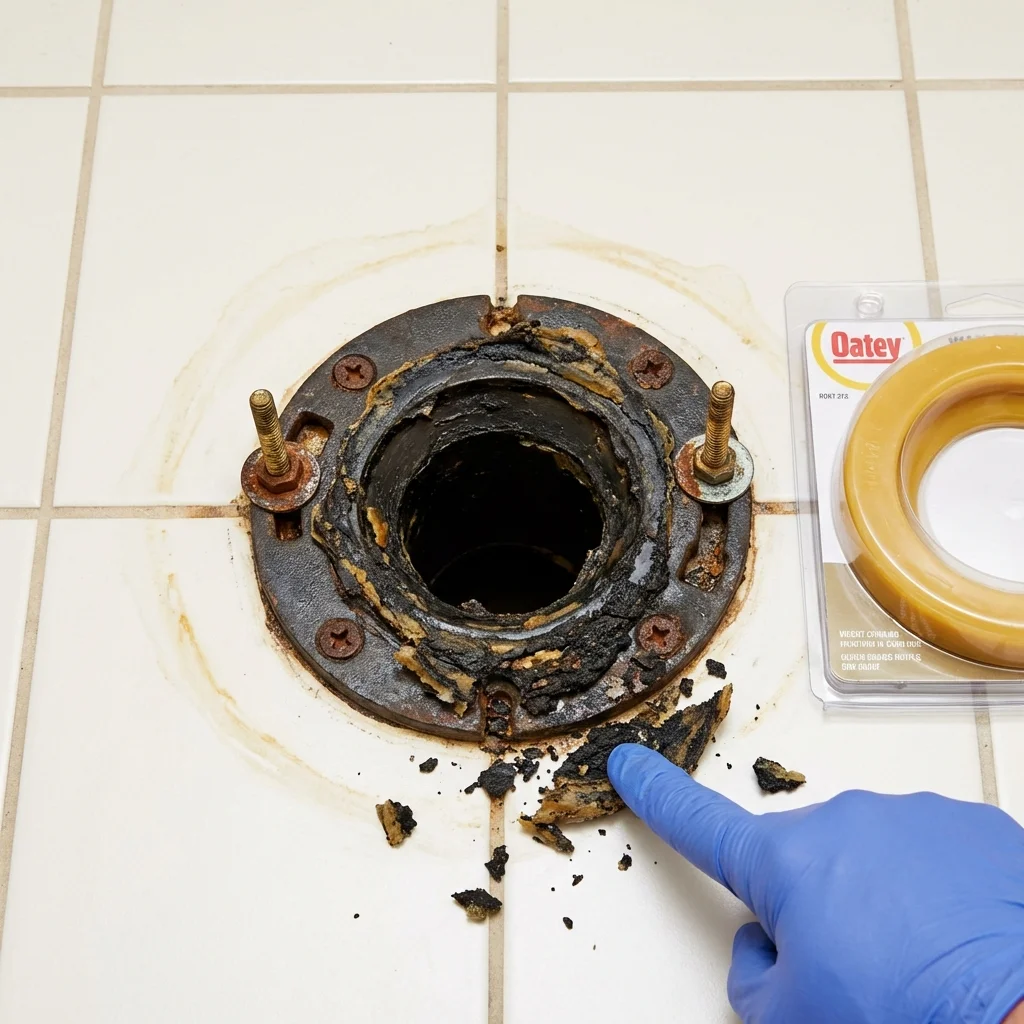 Failed wax ring showing water seepage at the base of a toilet in a Churchville, NY home