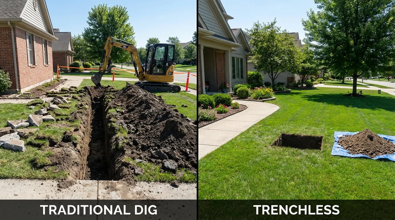 Trenchless sewer repair with minimal yard damage versus traditional excavation in Churchville, NY