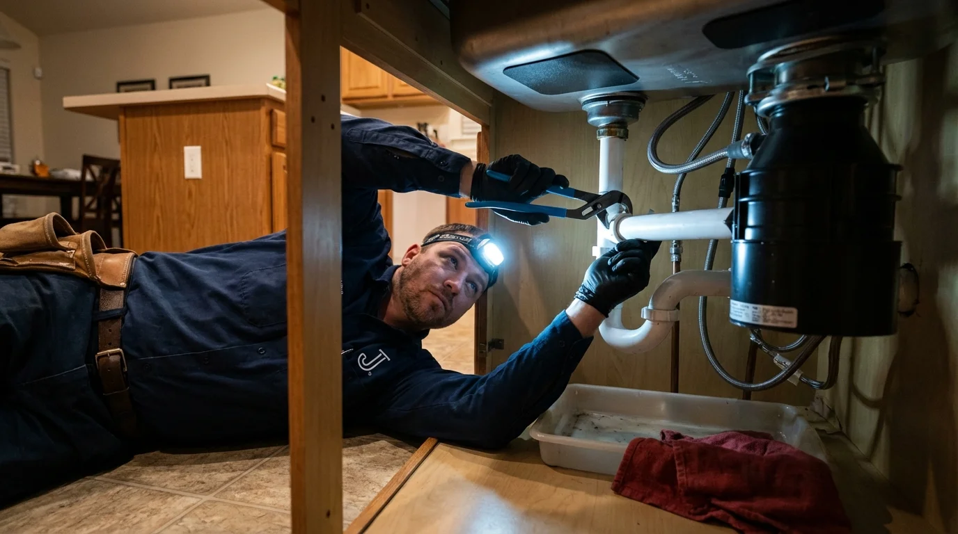 P-trap and supply line connections under a kitchen sink showing a common leak point in Churchville, NY